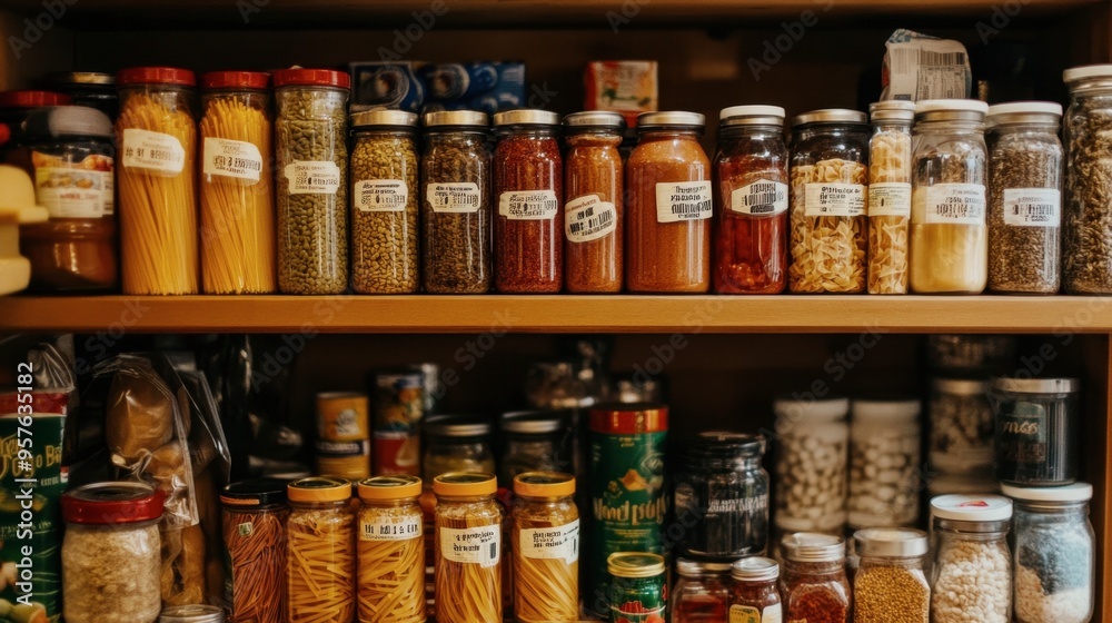 A pantry shelf stocked with canned goods, dry pasta, and baking ingredients, with labels facing forward for easy access. A pantry shelf stocked with canned goods, dry pasta, and baking ingredients, with labels facing forward for easy access.