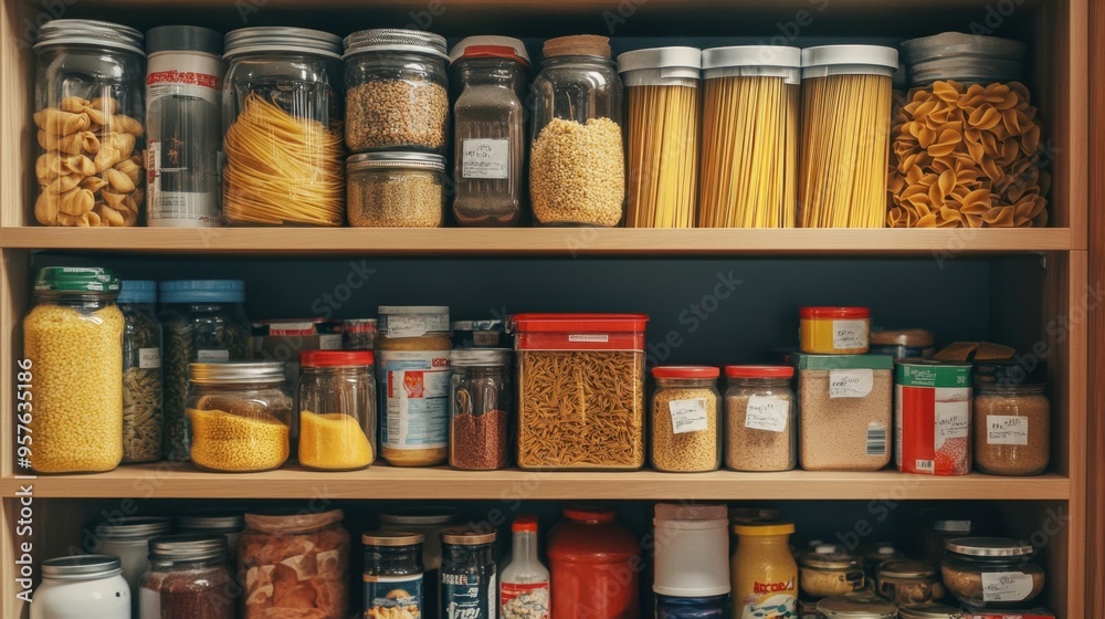 A pantry shelf stocked with canned goods, dry pasta, and baking ingredients, with labels facing forward for easy access. A pantry shelf stocked with canned goods, dry pasta, and baking ingredients, with labels facing forward for easy access.