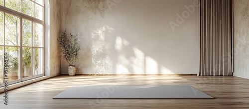 Minimalist interior design yoga studio with a white wall, wooden floor, and a light gray mat on the ground. Ai generated image