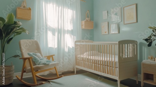A nursery with a crib, a rocking chair, and soft pastel decor, creating a peaceful environment for a newborn.