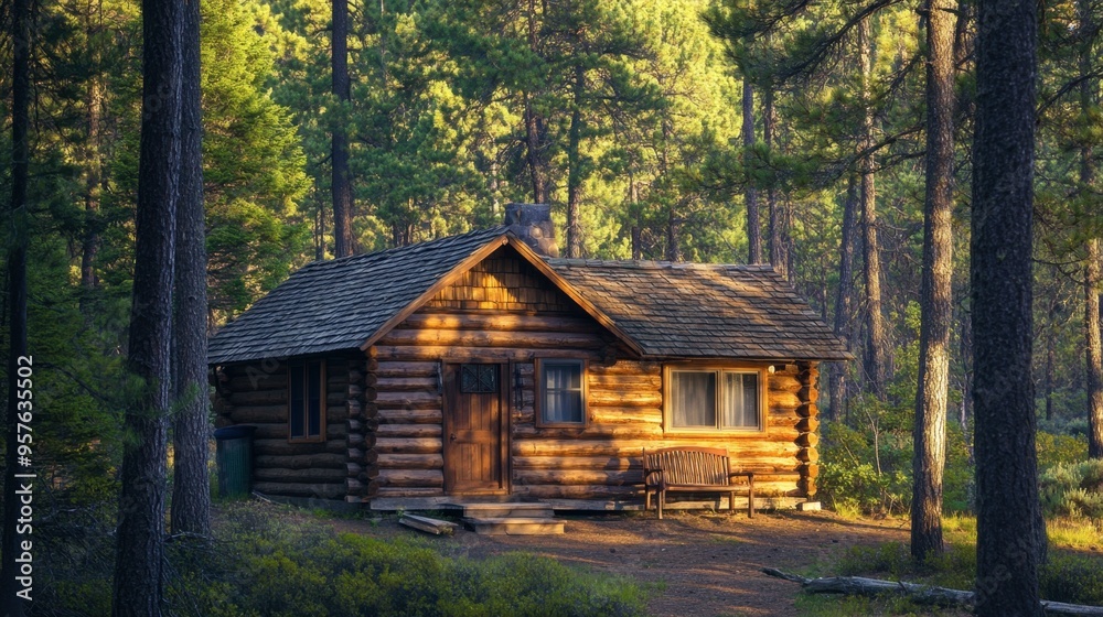 Fototapeta premium A quaint cabin in the woods with a log exterior, surrounded by tall trees and a serene natural setting.