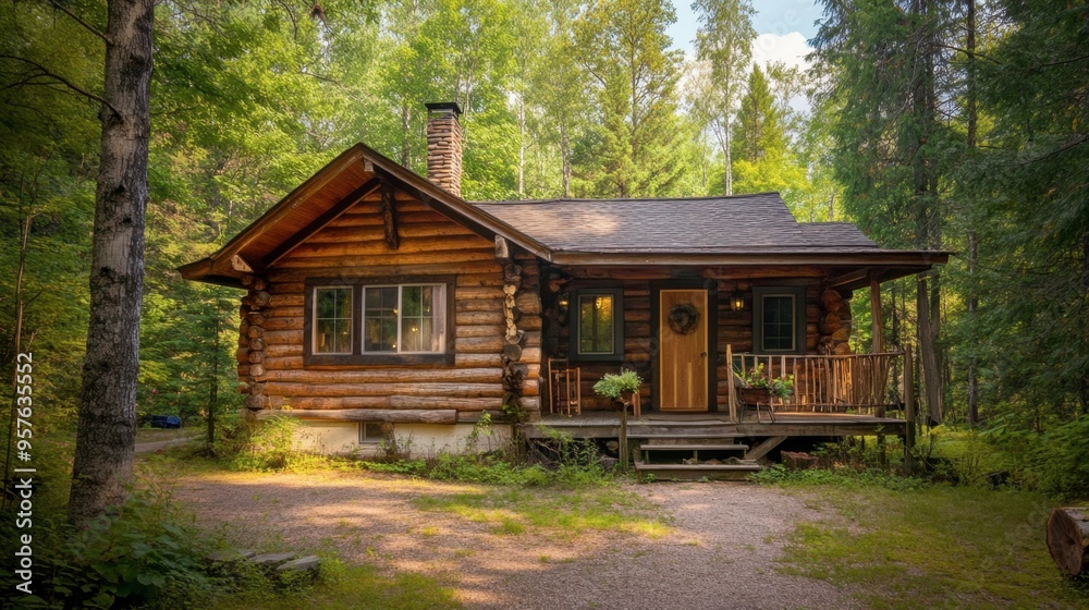A quaint cabin in the woods with a log exterior, surrounded by tall trees and a serene natural setting. A quaint cabin in the woods with a log exterior, surrounded by tall trees and a serene natural setting.