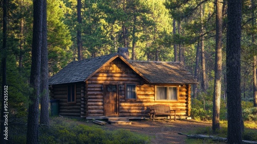 A quaint cabin in the woods with a log exterior, surrounded by tall trees and a serene natural setting.