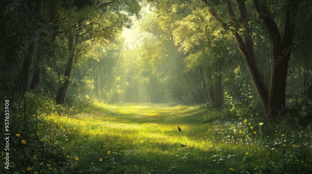 A tranquil view of a sunlit clearing in a dense forest, with soft grass underfoot, birds chirping in the trees, and the distant sound of a babbling brook. A tranquil view of a sunlit clearing in a dense forest, with soft grass underfoot, birds chirping in the trees, and the distant sound of a babbling brook.
