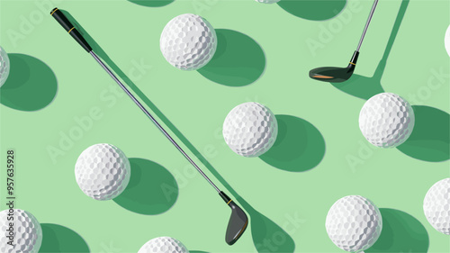 Elegant golf ball and club pattern over green background