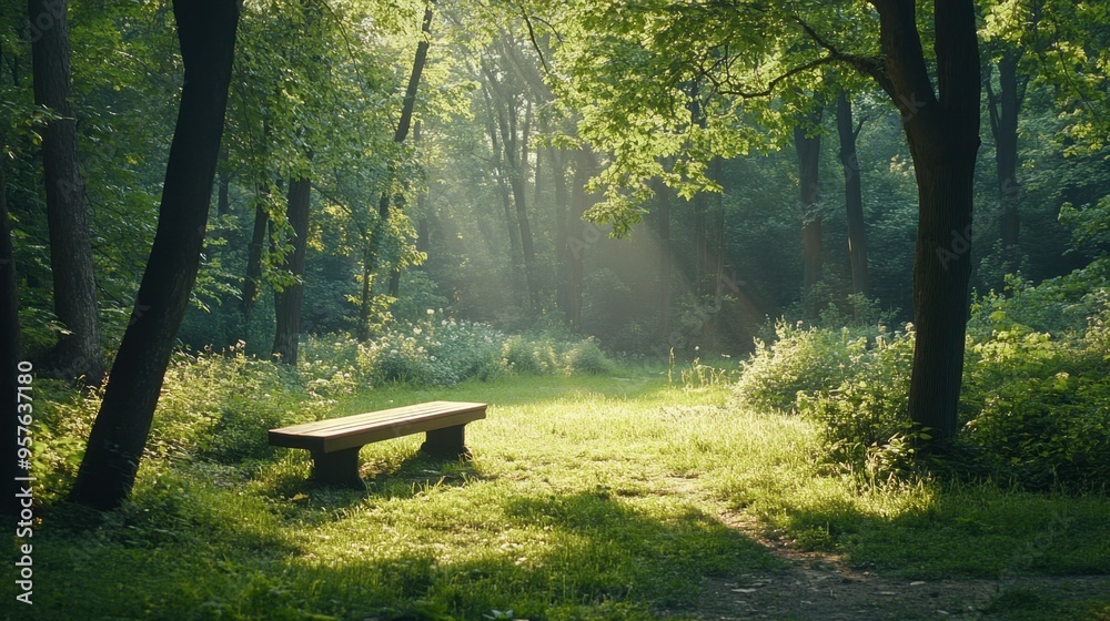 A serene landscape of a green forest clearing with a small wooden bench and soft sunlight filtering through the trees. A serene landscape of a green forest clearing with a small wooden bench and soft sunlight filtering through the trees.