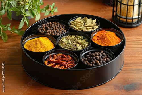 Indian round spices box or indian masala dabba with seven containers on a wooden table photo