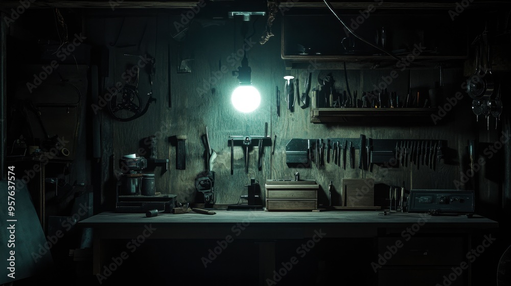 Naklejka premium A single light bulb illuminating a dark workshop, casting intricate shadows across tools and workbenches.