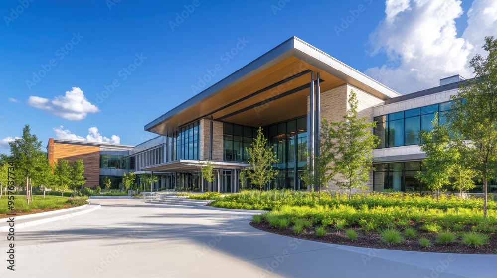 A sleek medical center with modern architecture, clean lines, and a welcoming entrance surrounded by green spaces. A sleek medical center with modern architecture, clean lines, and a welcoming entrance surrounded by green spaces.