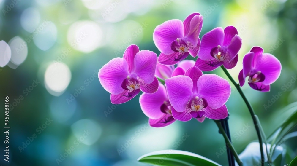 A vibrant purple orchid in full bloom, gracefully hanging from its stem, with soft natural light highlighting the intricate details of its petals and leaves. A vibrant purple orchid in full bloom, gracefully hanging from its stem, with soft natural light highlighting the intricate details of its petals and leaves.