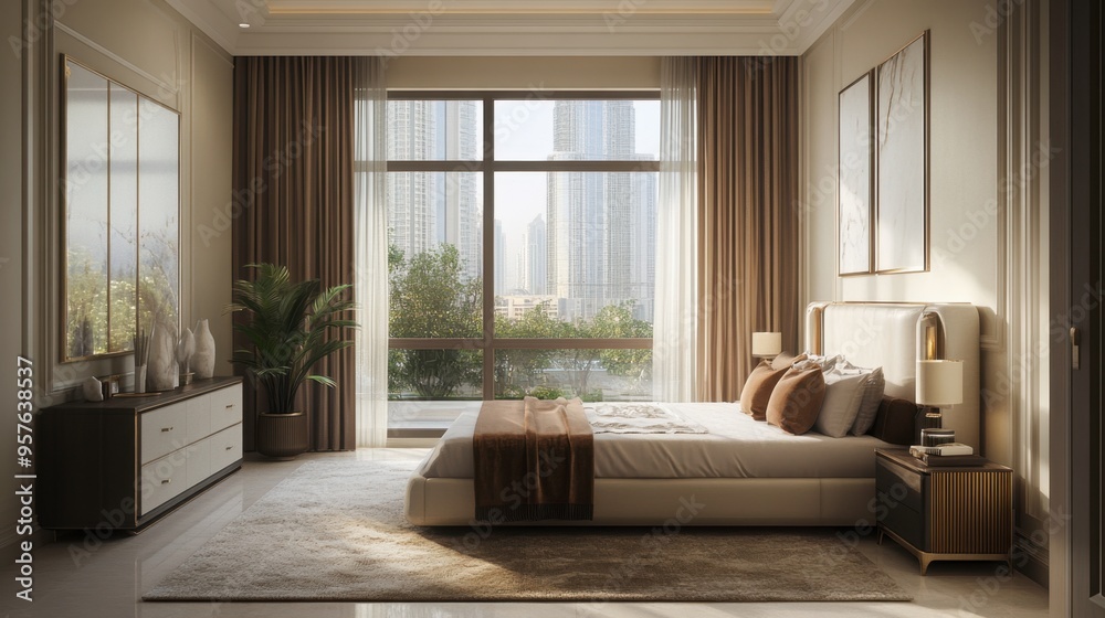 Fototapeta premium A spacious master bedroom with a king-sized bed, a large window with curtains, and a plush rug.