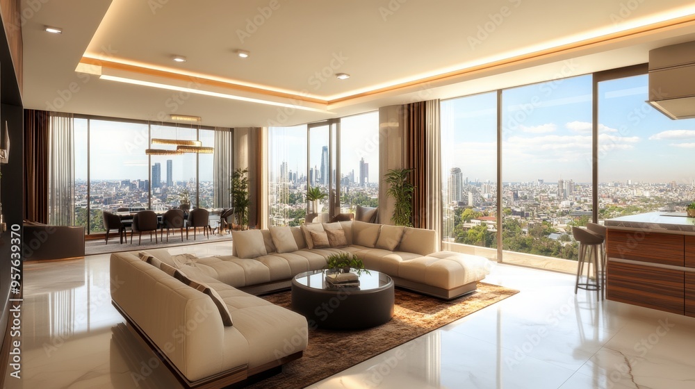 A stylish penthouse apartment with a modern design, private terrace, and panoramic city views. A stylish penthouse apartment with a modern design, private terrace, and panoramic city views.