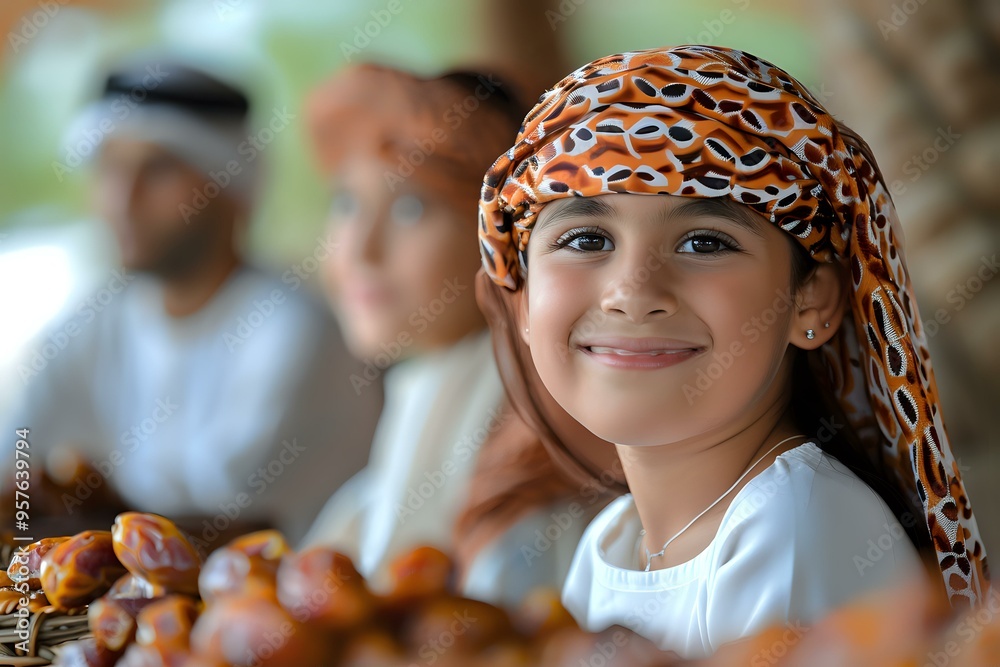 Naklejka premium Young Middle Eastern girl wearing traditional headscarf smiling at farmers market or cultural event, fresh produce and community gathering atmosphere perfect for lifestyle and cultural content.