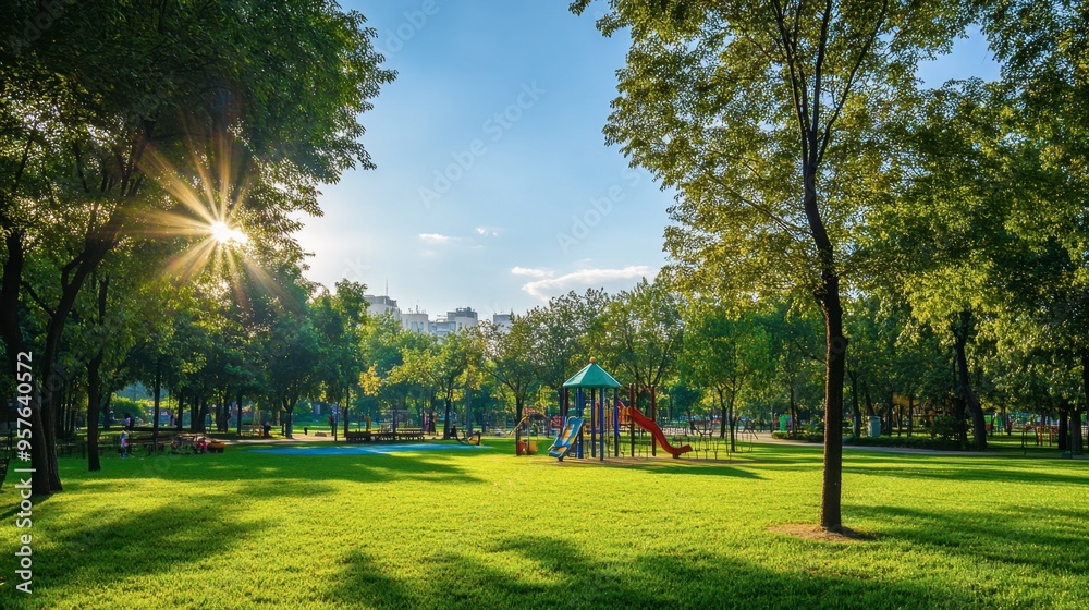 Obraz premium A vibrant green park with a well-manicured lawn, tall trees, and a playground area for children.