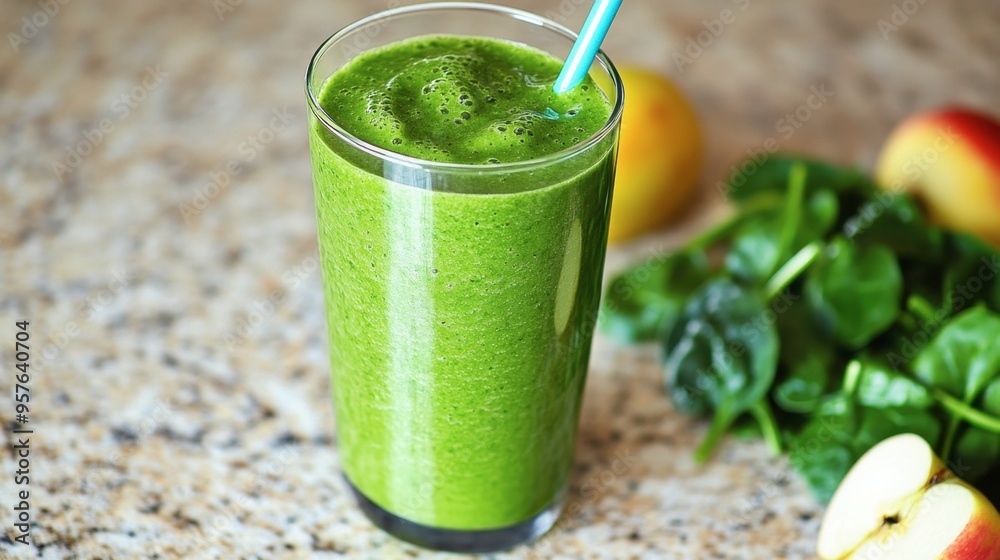 Fototapeta premium A vibrant green smoothie with spinach, banana, and apple, served in a glass with a straw, placed on a marble countertop.