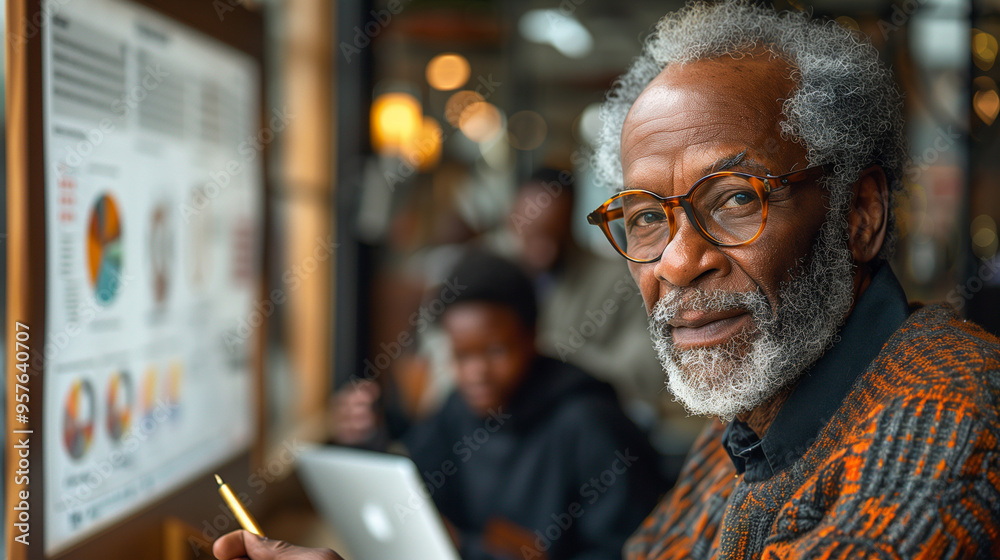 Portrait of a black professor in class in front of a monitor. Portrait of a black professor in class in front of a monitor.