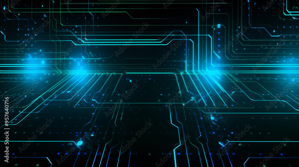 Obraz premium Blue and Green Neon Cyber Circuit Board with Glowing Lights