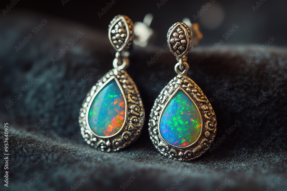 Naklejka premium Close-up of a Pair of Opal Earrings with Intricate Silver Settings
