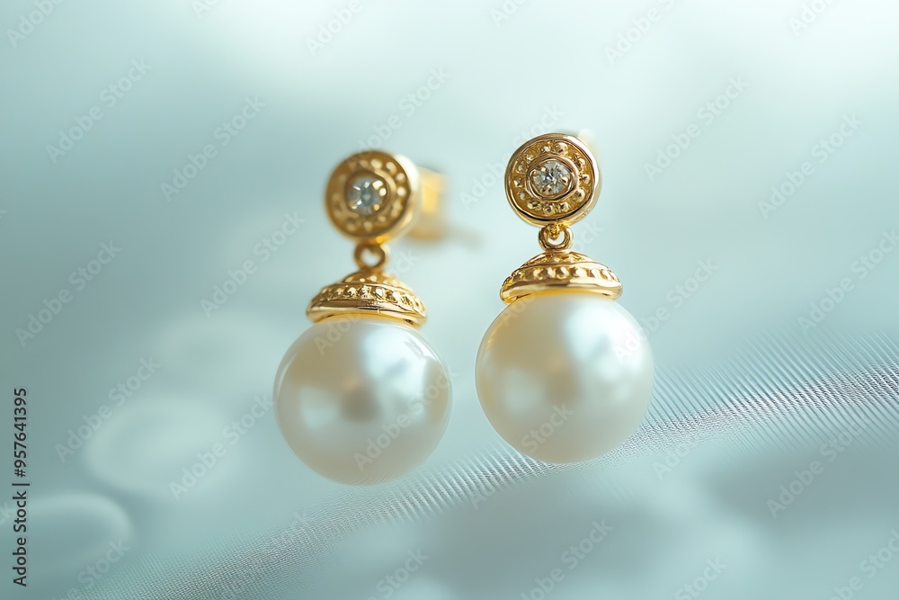 Close-up of a pair of pearl earrings with diamond accents Close-up of a pair of pearl earrings with diamond accents
