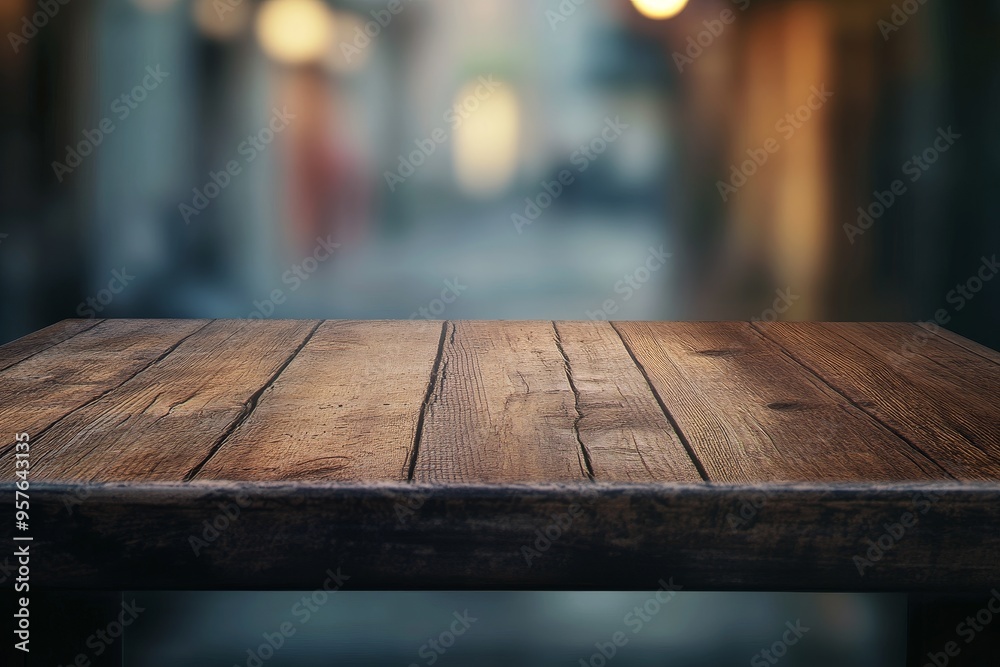 Empty wooden table top with blurred background of a city street. Empty wooden table top with blurred background of a city street.