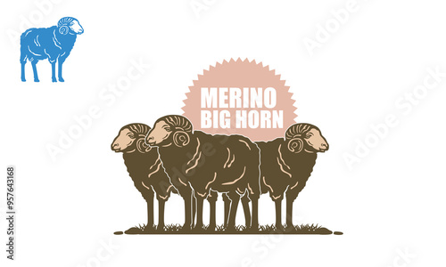 great merino sheep in ranch logo, silhouette of happy and healthy ram standing vector illustrations
