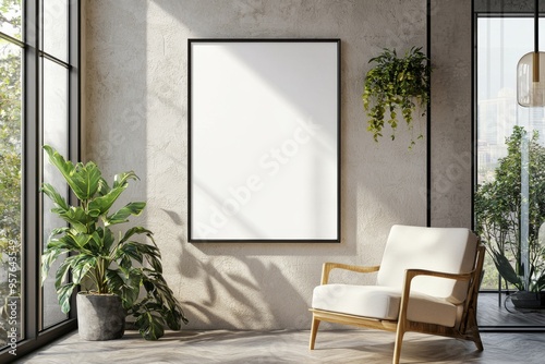 Poster Frame in Beige minimalist living room interior created with generative AI