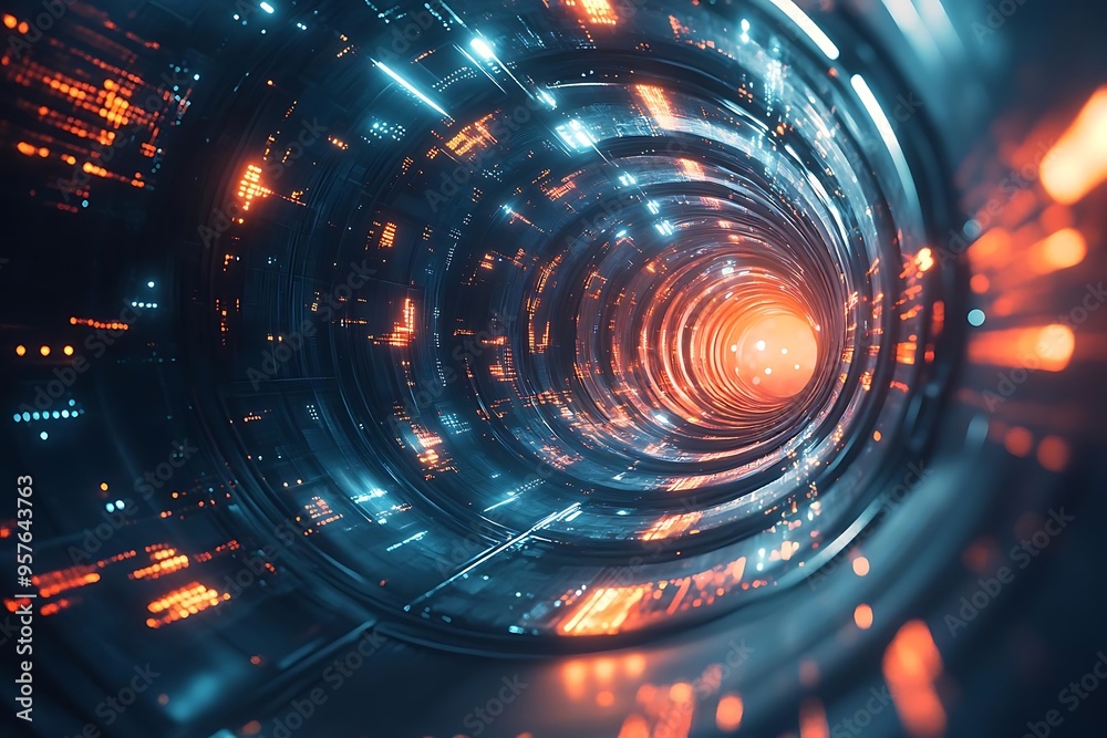 Abstract 3D Tunnel with Blue and Orange Lights