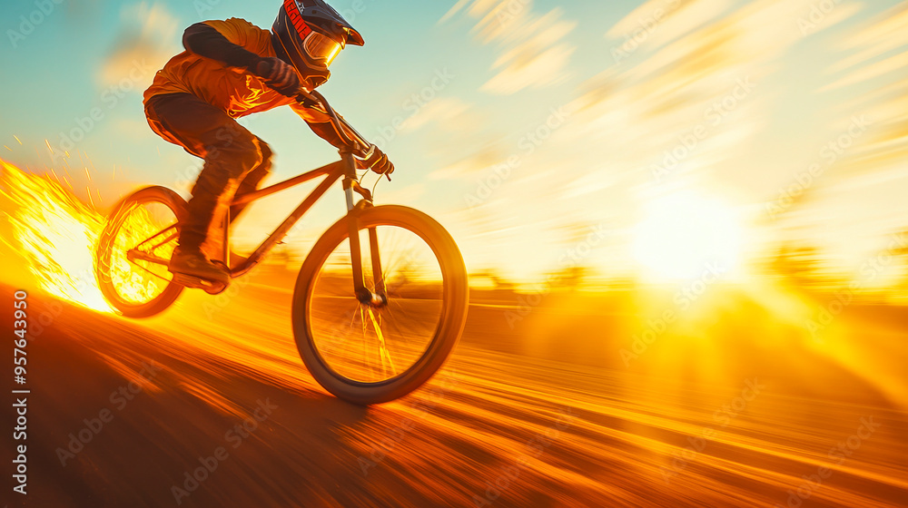Obraz premium Golden Hour Grind: A mountain biker carves through a sun-drenched trail, their silhouette a testament to the thrill of extreme sports at sunset. 