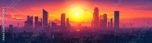 Cityscape Illustration with a Vibrant Sunset