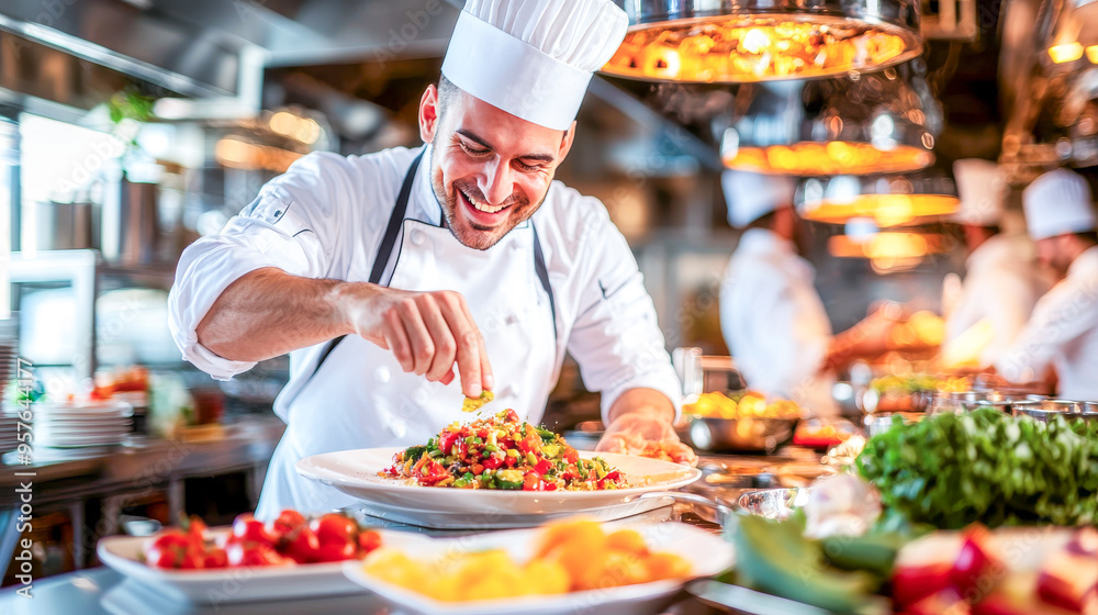 Chef's Passion: A passionate chef adds the finishing touch to a vibrant dish, showcasing his culinary expertise in a bustling restaurant kitchen. The image captures the dedication, artistry, and joy Chef's Passion: A passionate chef adds the finishing touch to a vibrant dish, showcasing his culinary expertise in a bustling restaurant kitchen. The image captures the dedication, artistry, and joy