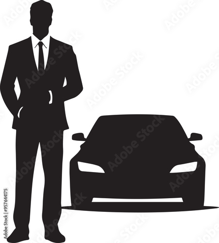 Silhouette of a valet standing by a parked car, holding car keys with a confident stance vector