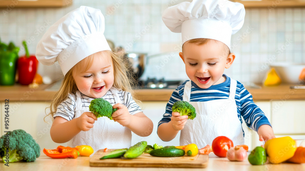 Little Chefs in the Kitchen: Two adorable toddlers, dressed in chef hats and aprons, playfully prepare vegetables, radiating pure joy and innocent curiosity in a warm and inviting kitchen. This image Little Chefs in the Kitchen: Two adorable toddlers, dressed in chef hats and aprons, playfully prepare vegetables, radiating pure joy and innocent curiosity in a warm and inviting kitchen. This image