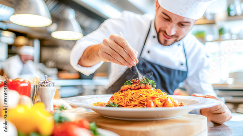 Culinary Artistry: Chef's Final Touch on Gourmet Pasta Masterpiece 