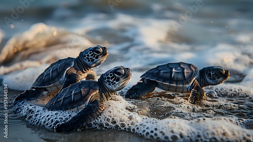 A captivating image of baby sea turtles making their way to the ocean, with waves gently lapping at the shore. Perfect for wildlife, nature, and conservation-themed designs. photo