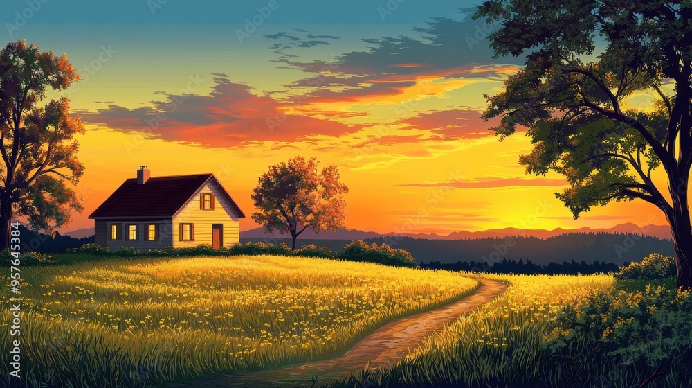 A tranquil sunset view over a countryside house, surrounded by fields and trees, evokes a sense of peace and nature's beauty. A tranquil sunset view over a countryside house, surrounded by fields and trees, evokes a sense of peace and nature's beauty.