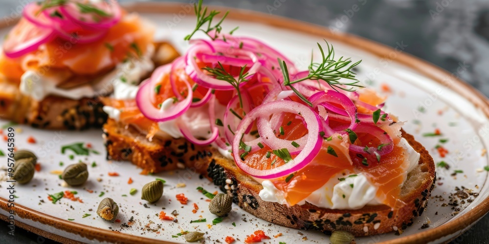 Smoked salmon open sandwich with pickled onions sour cream and capers Smoked salmon open sandwich with pickled onions sour cream and capers