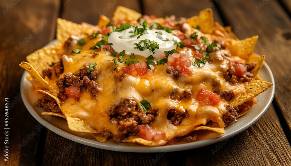 A Plate of Nachos Topped with Ground Beef, Cheese, Tomatoes, Sour Cream, and Cilantro