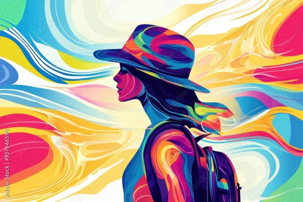 Vibrant silhouette of a woman in a hat, surrounded by colorful abstract swirls, representing creativity and freedom. Vibrant silhouette of a woman in a hat, surrounded by colorful abstract swirls, representing creativity and freedom.
