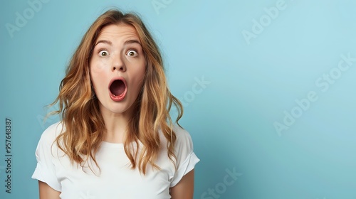 A surprised young woman with wide eyes and an open mouth, wearing a white t-shirt against a blue background. Perfect for expressive, emotional, and lifestyle-themed designs.