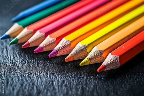 Colorful pencils arranged in a row on textured black surface