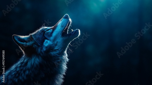 A lone wolf howling against a serene blue night sky in a majestic forest, exuding wildness and mystery in the moonlit wilderness. photo