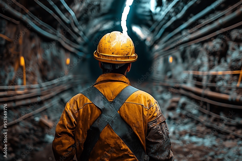 Miner in safety gear walking through underground tunnel, back view Miner in safety gear walking through underground tunnel, back view