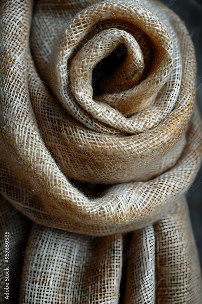 Fototapeta premium A close-up of a beige, textured fabric rolled into a spiral, showcasing intricate woven details. Perfect for textile design, fashion projects, and fabric-related artwork.