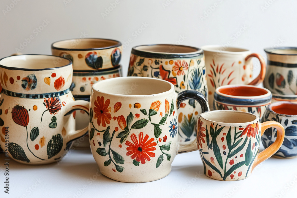Fotografie Hand-Painted Pottery Display: Unique Kitchenware for the Home Chef