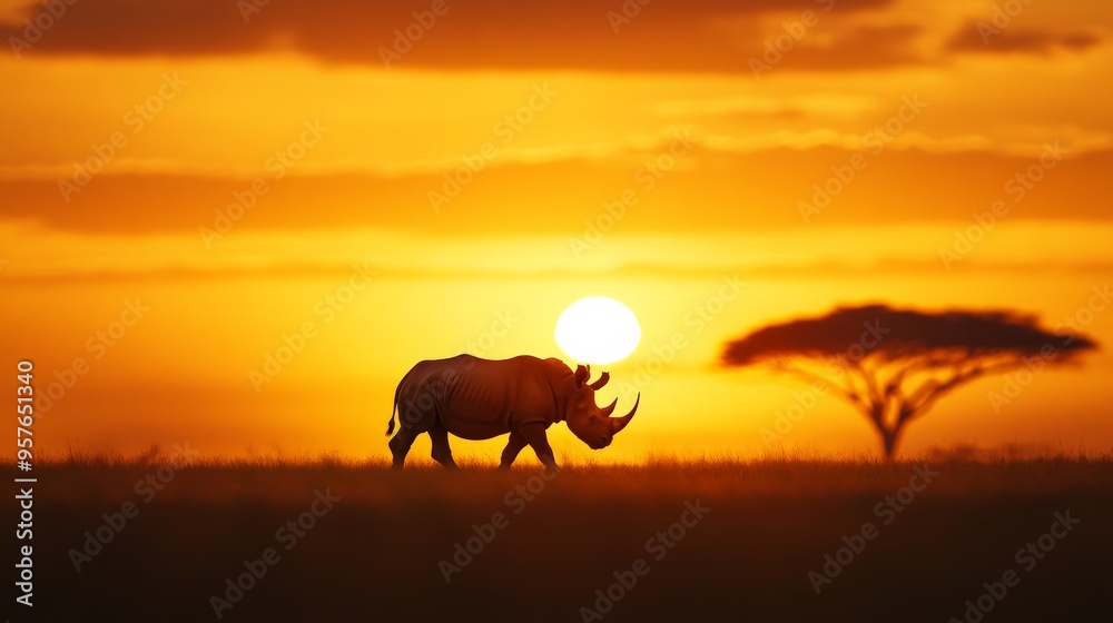 A majestic rhino silhouetted against a stunning African sunset, walking across a grassy plain, with a solitary tree and vibrant orange sky in the background.