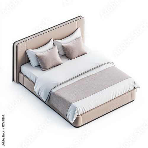 Beige Modern Bed with Pillows and Bedding.