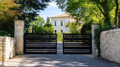 Black Metal Gate Leading to a House with a Stone Wall and Trees