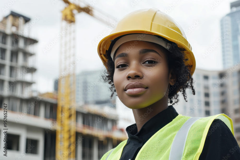 Afro woman wearing safety uniform at construction site with crane