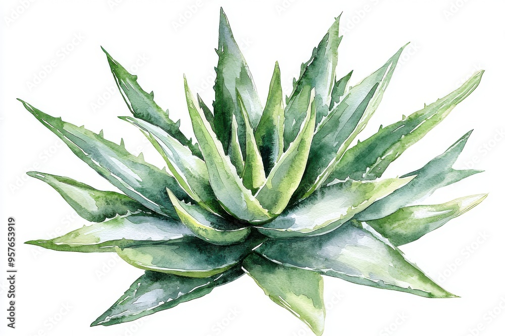 Fototapeta premium Colorful watercolor illustration of an agave plant with vibrant green leaves, perfect for nature-themed artworks and designs.