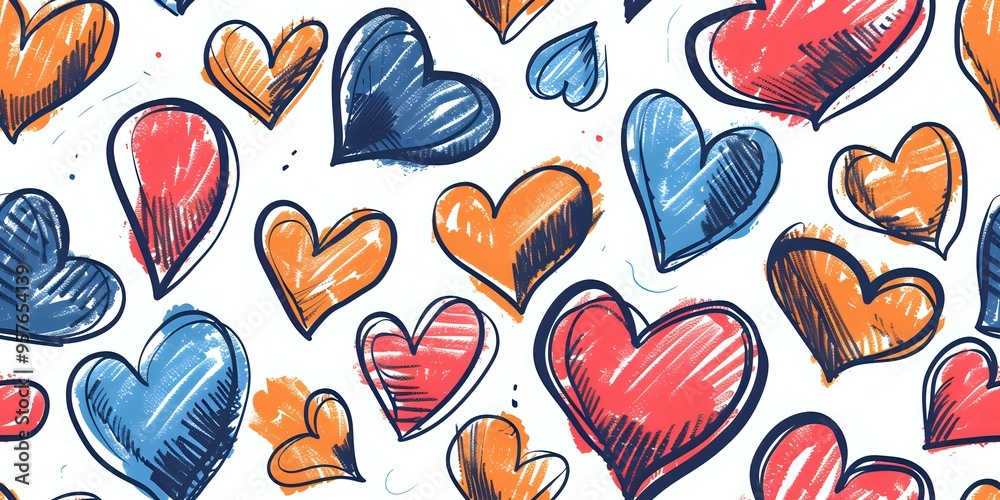 Fototapeta premium A vibrant seamless pattern of colorful hand-drawn hearts in a playful cartoon style. Perfect for Valentine's Day, kids' decor, gift wrap, or party invitations. Tiled for continuous use.